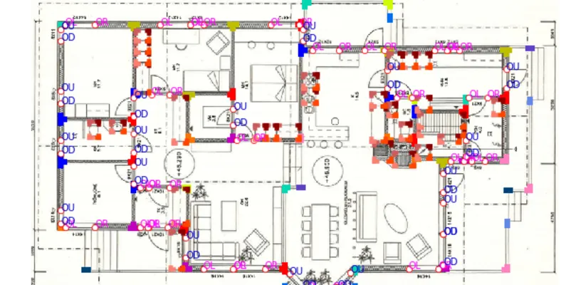 CubiCasa5K floor plan with wall, door, and fixture annotations overlaid