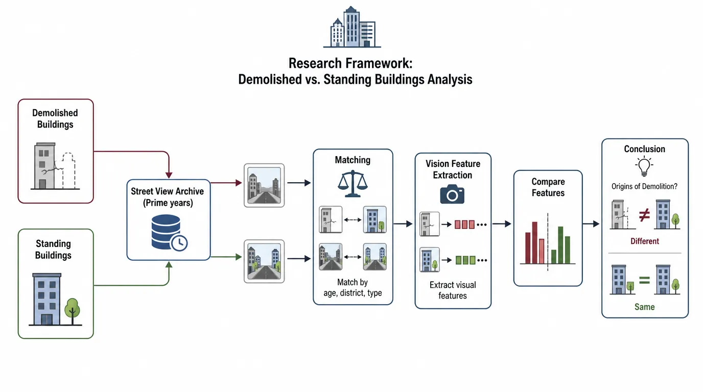 Research framework comparing matched historical street-view features of demolished and standing buildings