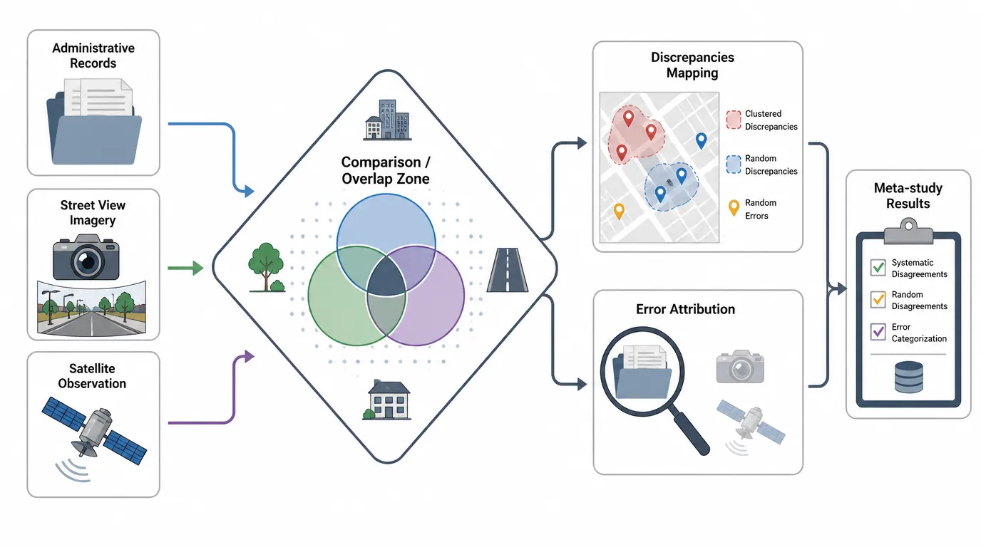 Administrative records, street-view imagery, and satellite observations are compared to map discrepancies and attribute errors